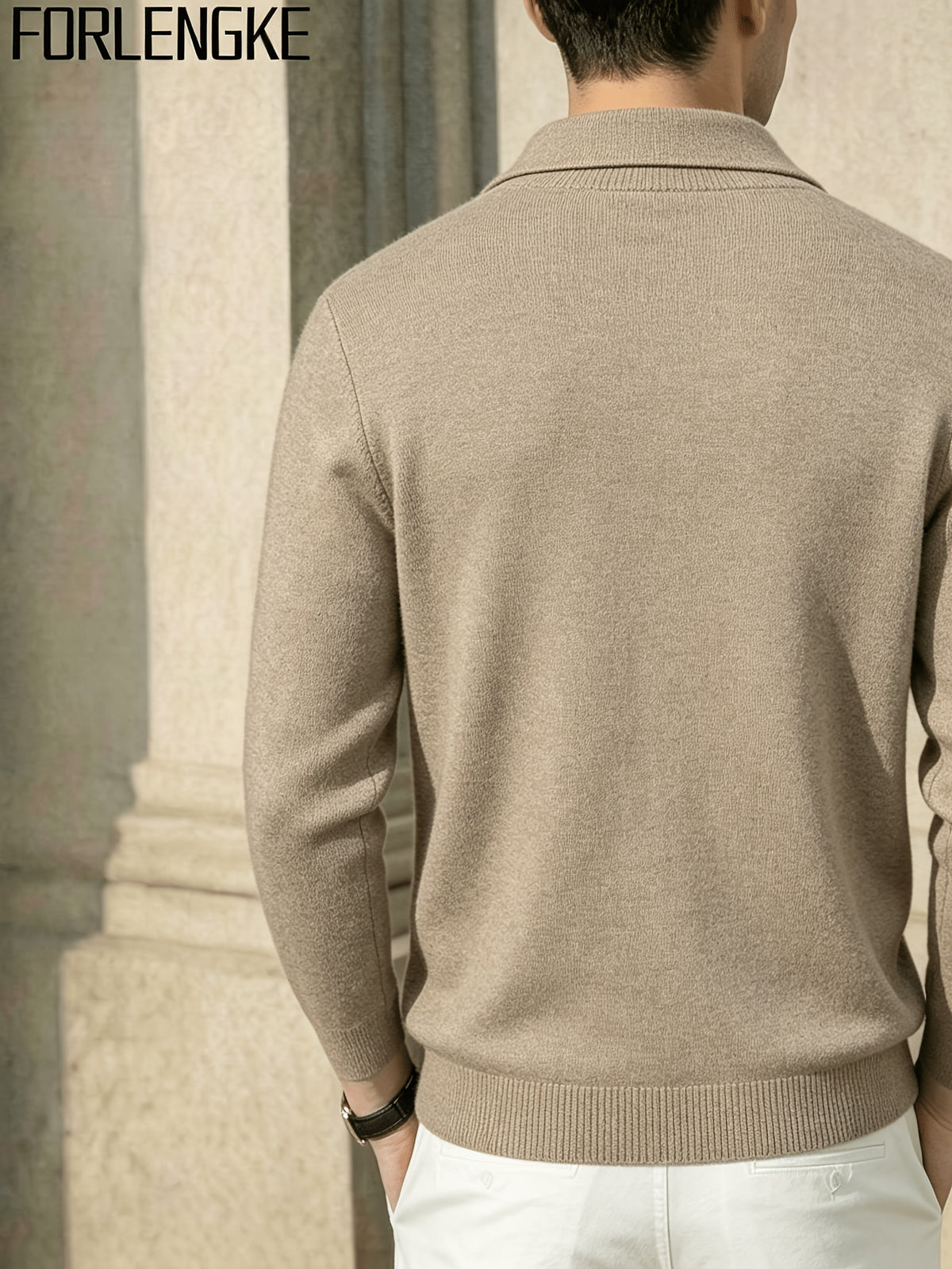 FORLENGKE Men'S Business Casual Shawl Collar Geometric Textured Knit Sweater, Soft Warm Long Sleeve Pullover for Fall Winter Office Daily Wear - Khaki