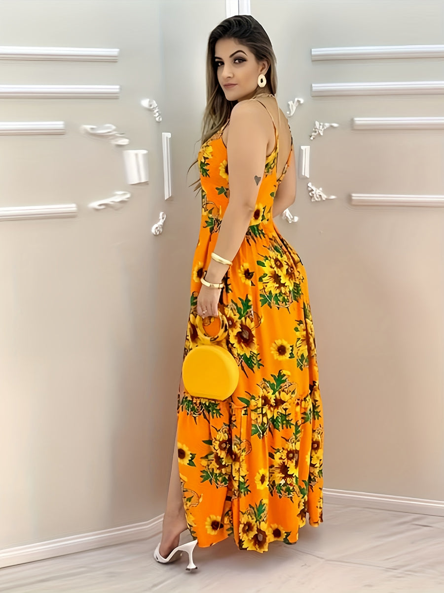 Women's New Elegant Printed Slit Spaghetti Suspender Dress - Casual Party Vacation Maxi Dress, Fashionable Casual Attire - Mixed colors