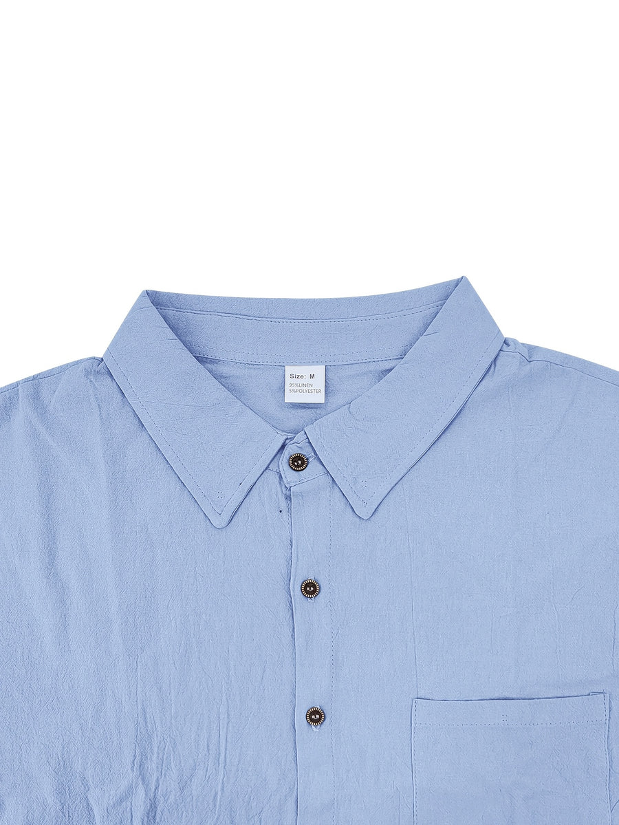 Men'S Linen Blend Long Sleeve Collared Button-Up Shirt, Casual Textured Wrinkle-Resistant Summer Top, Single Pocket Design with Adjustable Cuffs, Loose Fit Lightweight Breathable Beach Linen Shirt, V-Neck Relaxed Casual Shirt, Suitable for Vacation - Sky Blue