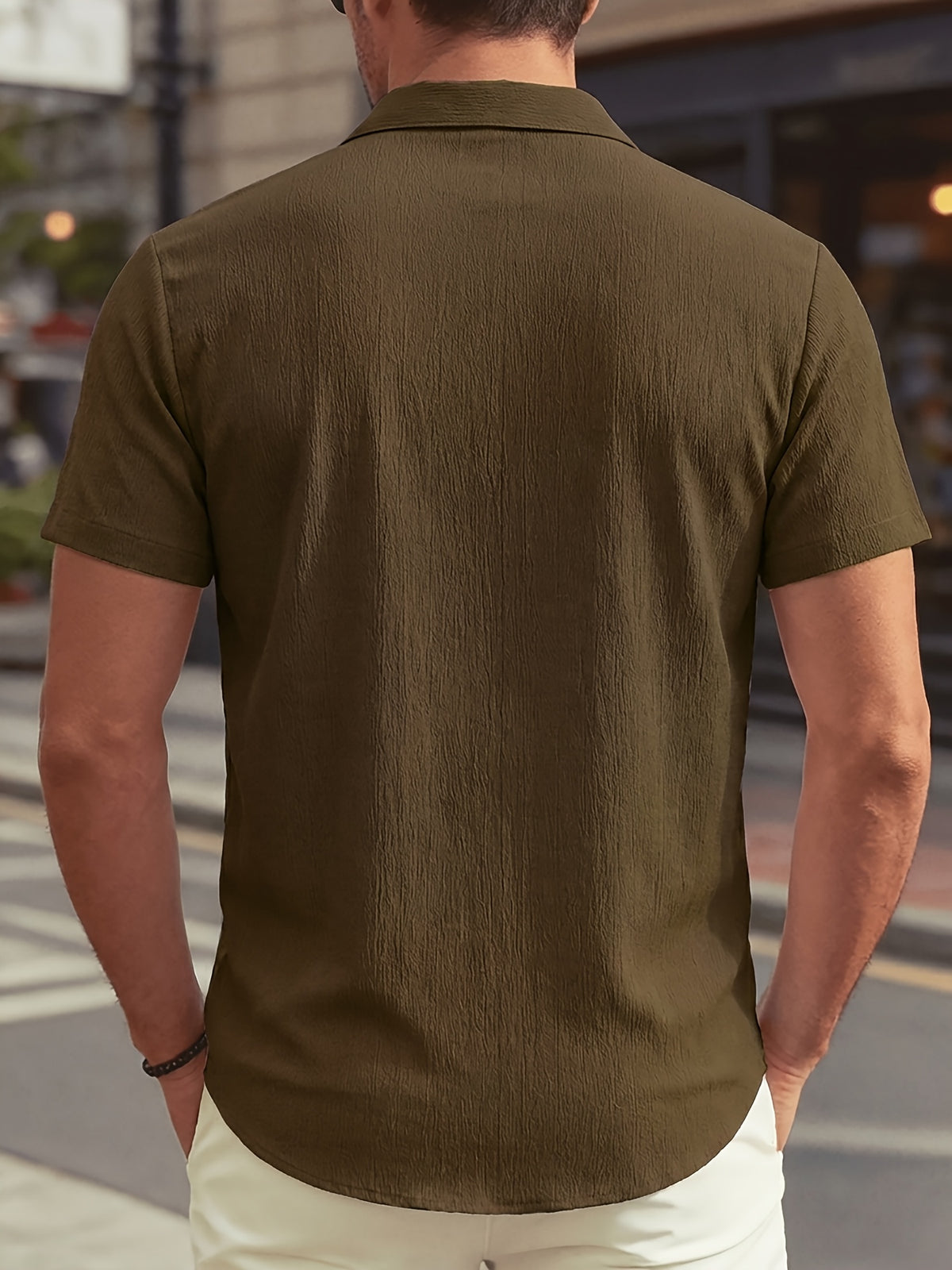 New Summer Men's Thin Stand Collar Casual Shirt, Solid Color Short Sleeve Business Fashion Button-Up Shirt for Muscular Men, Stylish Short Sleeve Design Suitable for Casual and Office Wear - Olive Green