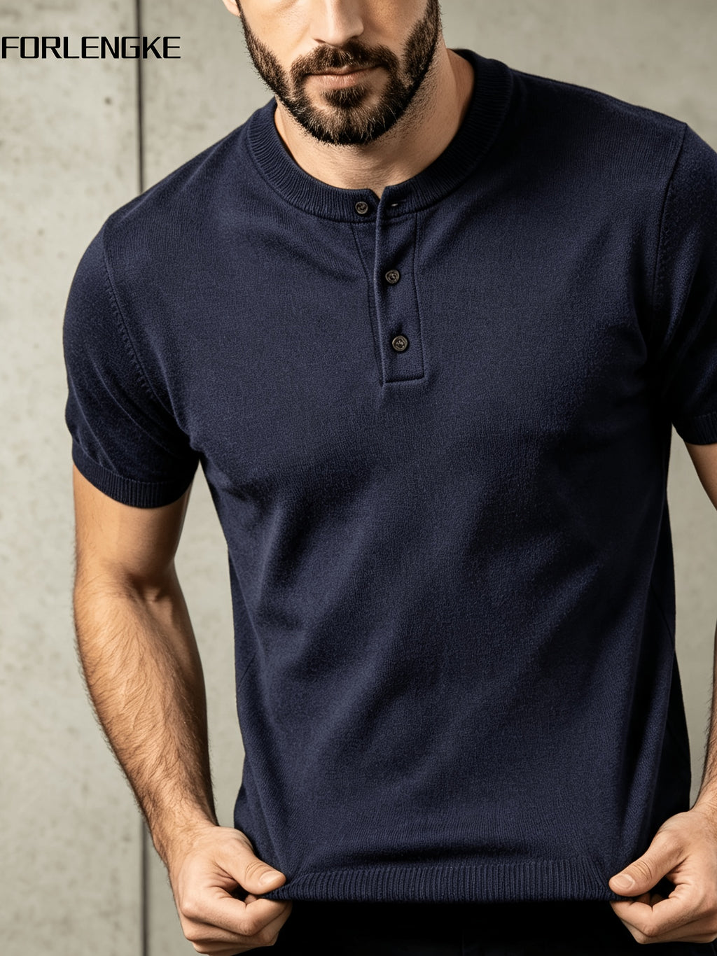 FORLENGKE Men's Summer Henley Neck Knitted Short-Sleeve T-Shirt, Solid Color Vintage Texture, Simple Yet Sophisticated, Summer Minimalist Trendy Versatile Casual Top for Layering or Wearing Alone - Navy Color