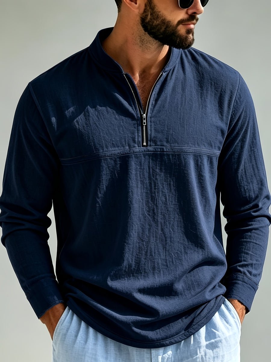 Men's Linen Long Sleeve Henley Shirt Stand Collar Loose Polo Shirt Men's Linen Zipper Casual Shirt - Navy Color