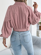 Spring Autumn Casual Vacation Solid Color Single Breasted Lantern Long Sleeve Corduroy Short Coat Women'S Jacket - Pink Color