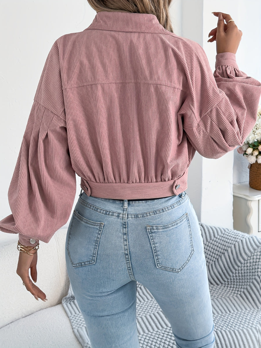 Spring Autumn Casual Vacation Solid Color Single Breasted Lantern Long Sleeve Corduroy Short Coat Women'S Jacket - Pink Color