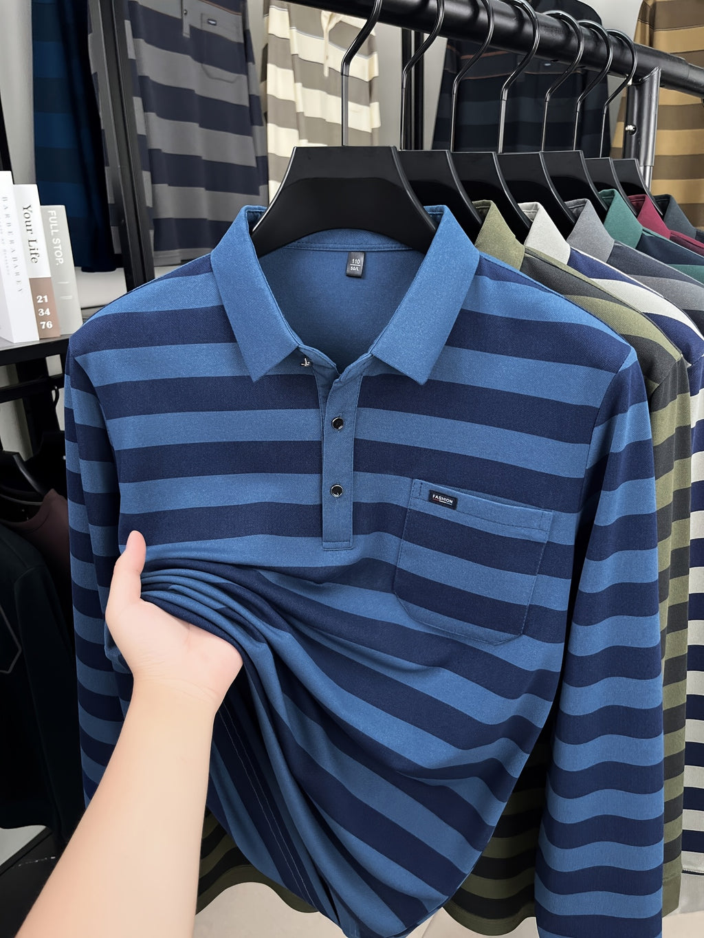 Minimalist Urban Striped Long-Sleeve Polo Shirt for Portable Daily Commuting - Blue
