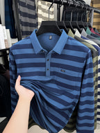 Minimalist Urban Striped Long-Sleeve Polo Shirt for Portable Daily Commuting - Blue