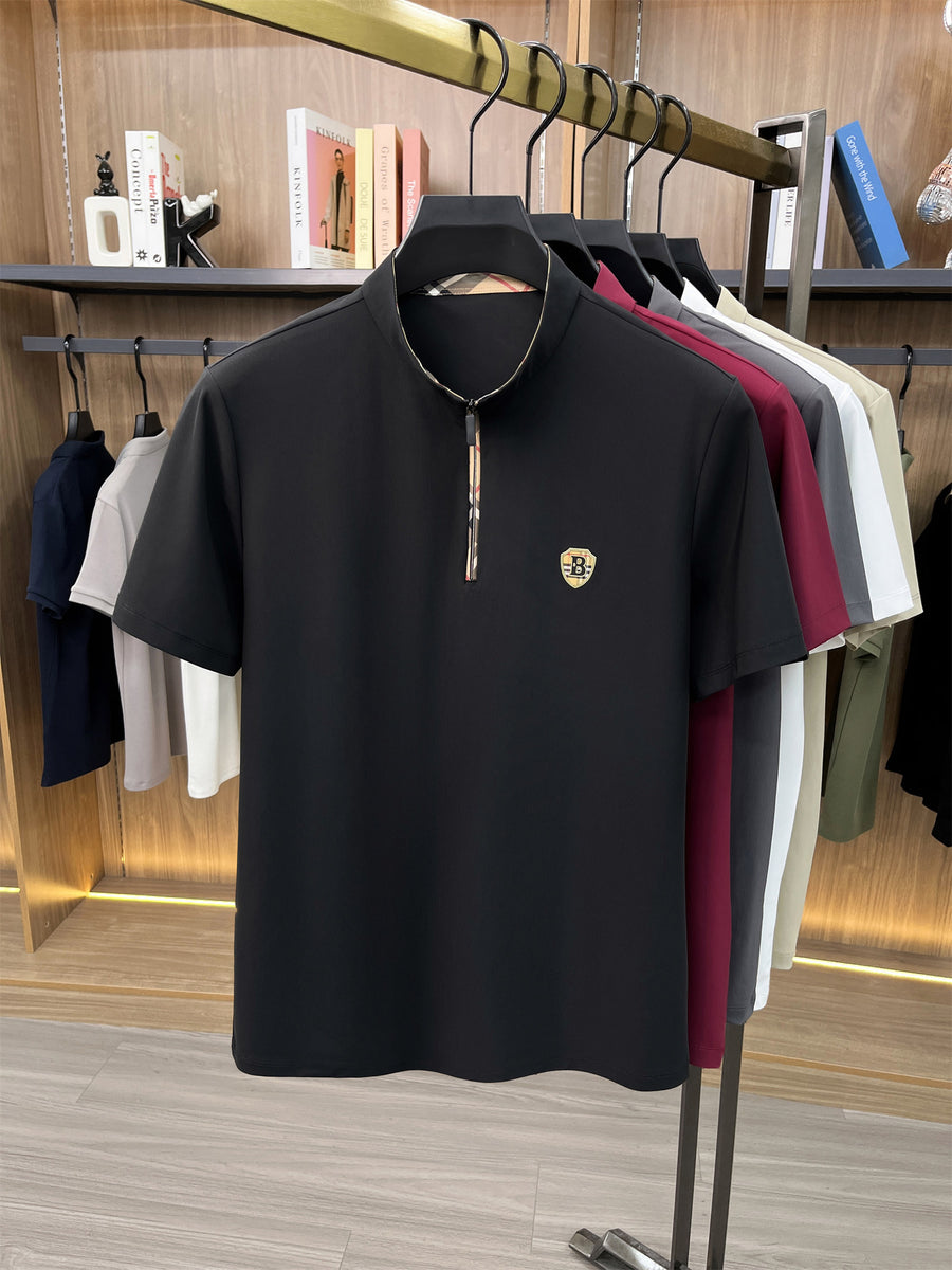 [Pearson OBM] Men'S T-Shirt New Short Sleeve Polo Shirt Mandarin Collar Easy Business Casual Premium Top Mido - Black