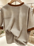 European and American Women's Round-neck Short-sleeve T-shirt, Coffee-white Thin Horizontal Stripes with Coffee-colored Contrasting Ribbed Cuffs, Women's Round-neck Short-sleeve T-shirt with a Bow Print on the Left Chest, Korean-style Commuter Top - Mixed colors