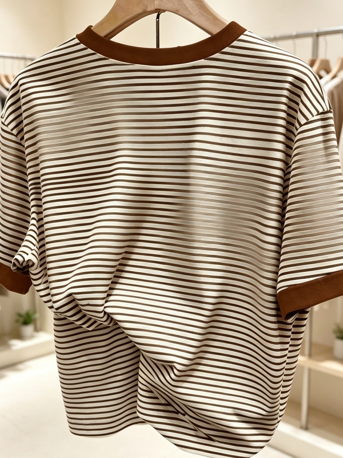 European and American Women's Round-neck Short-sleeve T-shirt, Coffee-white Thin Horizontal Stripes with Coffee-colored Contrasting Ribbed Cuffs, Women's Round-neck Short-sleeve T-shirt with a Bow Print on the Left Chest, Korean-style Commuter Top - Mixed colors