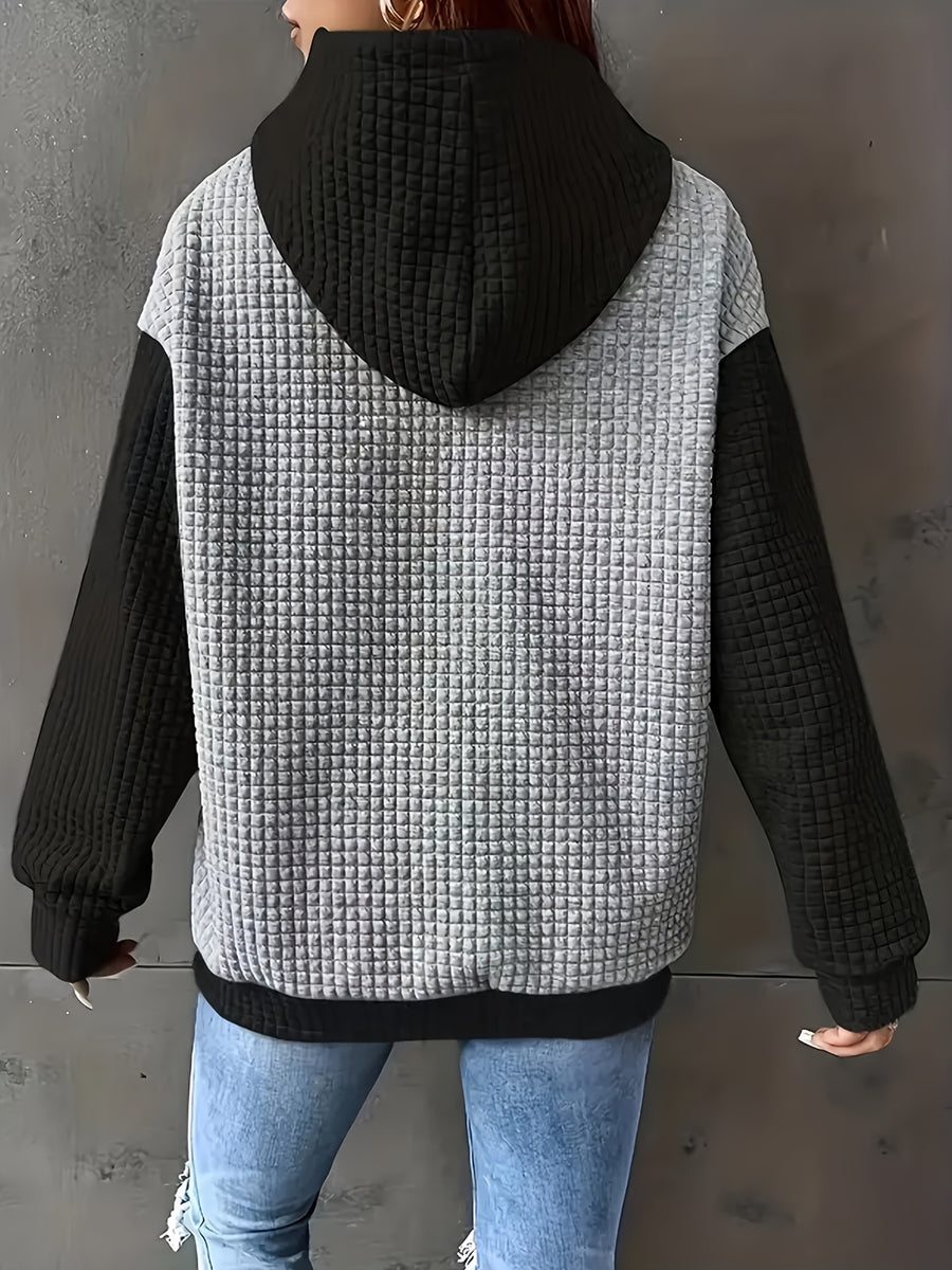 Women's Casual Oversized Hoodie with Checkered Texture & Letter Print, Kangaroo Pocket, Long Sleeve Loose Fit Sweatshirt for Fall Winter, Machine Washable, Fall Fashion, Relaxed Style, Comfortable Texture, Print Sweatshirt, Cozy Wear - Grey