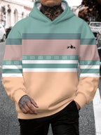 4 Styles, Men's Long Sleeve Casual Hoodies with Fresh Mountain Pattern with Contrasting Horizontal Stripes Prints, Trendy Printed Hooded Jackets, Sporty and Fashionable Style, Spring and Autumn Tops for Daily Casual Outfits. - Light Green