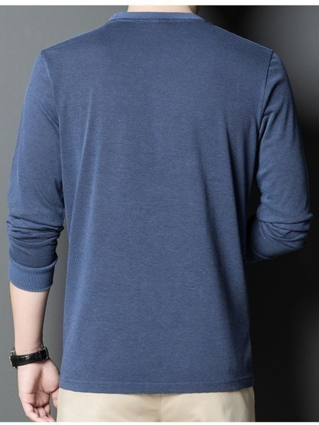 Men'S Round Neck Waffle Long Sleeve T-Shirt, Washed Distressed Craft Button Pocket Top, Comfortable Breathable Casual All-Match - Navy Color