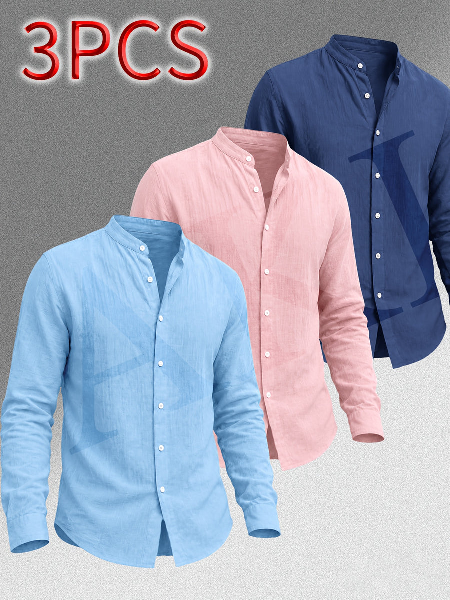 [Know And Give OBM] Men'S Clothing New Stand-Up Collar Solid Linen-Like Long Sleeve Shirt 3pcs Set, Minimalist Design, Spring Autumn Winter High-Quality Men'S Long Sleeve Button-Up Shirt - Suitable for Outdoor Leisure Vacation Formal Wear - Sky Blue + Pink + Navy Blue