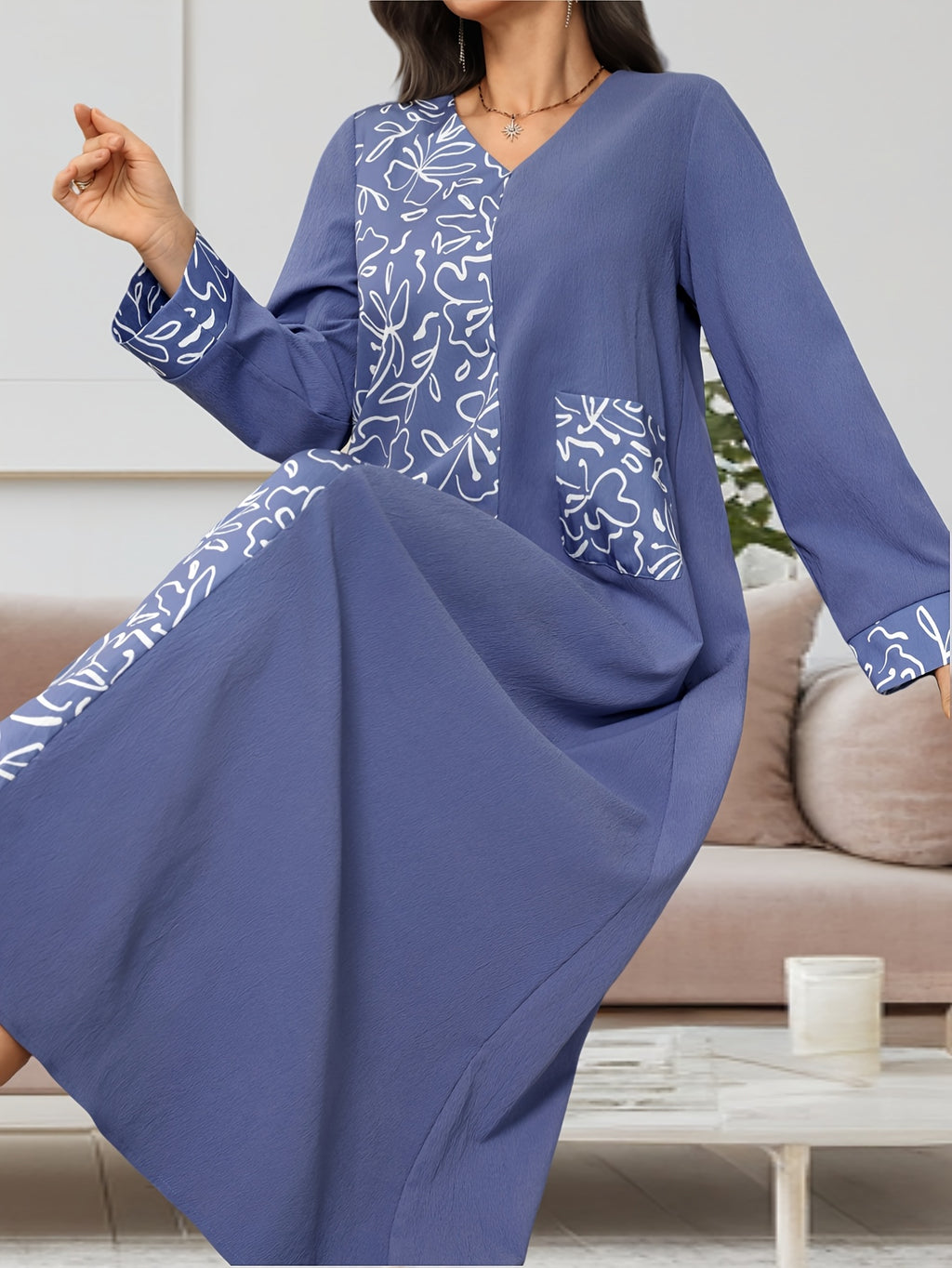 2026 Spring New Arrival Women's Long Sleeve Patchwork Maxi Dress with Pockets, Elegant Lady's Positioning Print Loose Long Dress Gown - Blue