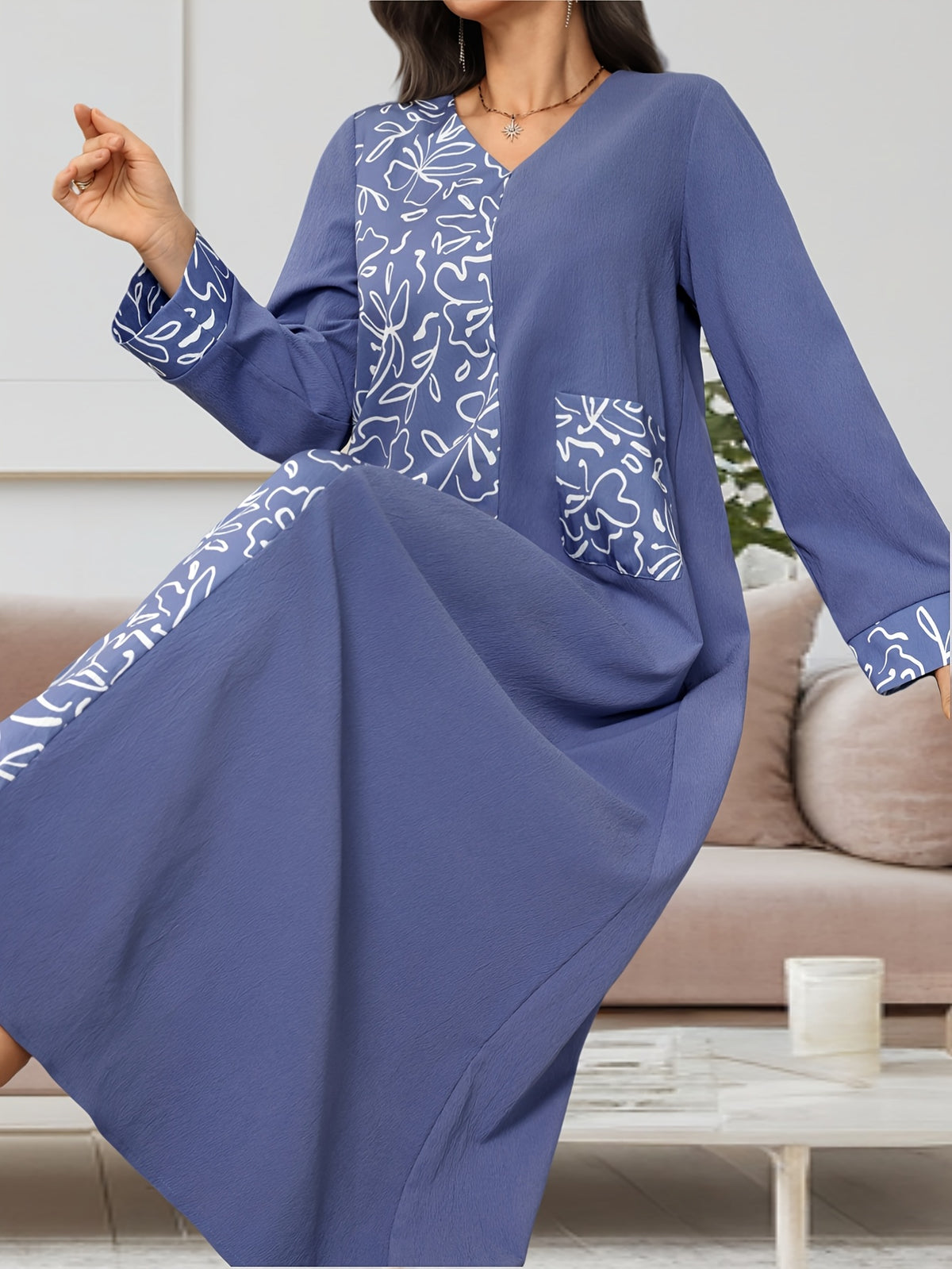 2026 Spring New Arrival Women's Long Sleeve Patchwork Maxi Dress with Pockets, Elegant Lady's Positioning Print Loose Long Dress Gown - Blue