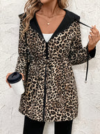 Women'S Leopard Print Hooded Jacket - 2-Color Zip-Up Outerwear, Machine Washable All-Season Women'S Coat, Elegant Wild Fashion Style for Casual And Formal Occasions - Black