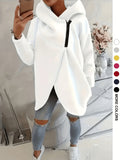 Plus Size, New European and American Women's Plus Size Hooded Sweatshirt with Full Front Zipper, Fashionable Asymmetric Hem Slit, Wide and Comfortable, Breathable, Thick and -Lined, Loose Fit, Long Sleeve, Warm for Autumn and Winter - White