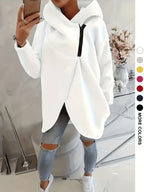 Plus Size, New European and American Women's Plus Size Hooded Sweatshirt with Full Front Zipper, Fashionable Asymmetric Hem Slit, Wide and Comfortable, Breathable, Thick and -Lined, Loose Fit, Long Sleeve, Warm for Autumn and Winter - White