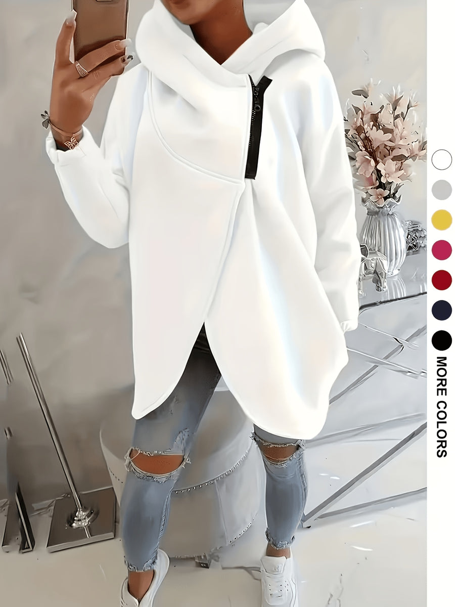 Plus Size, New European and American Women's Plus Size Hooded Sweatshirt with Full Front Zipper, Fashionable Asymmetric Hem Slit, Wide and Comfortable, Breathable, Thick and -Lined, Loose Fit, Long Sleeve, Warm for Autumn and Winter - White