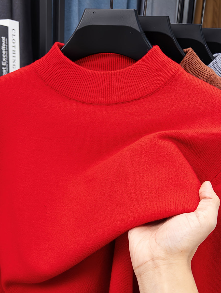 Men's Solid Color Half-Turtleneck Sweater, Available in Multiple Colors, Ribbed Cuffs, Simple Basic Style, Business Casual for Autumn/Winter, Slim Fit Commuter Base Layer Knit Top - Red