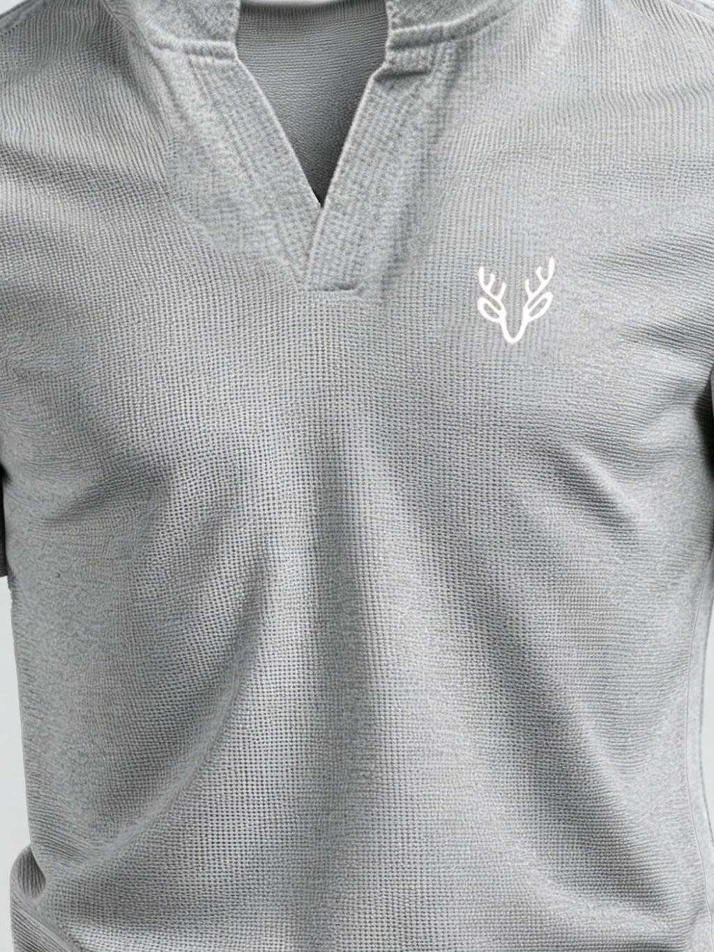 Men's V-neck Short-Sleeve T-shirt with Unique Small Print, Waffle Knit Fabric, Comfortable Men's Half-Sleeve Top - Gray 4