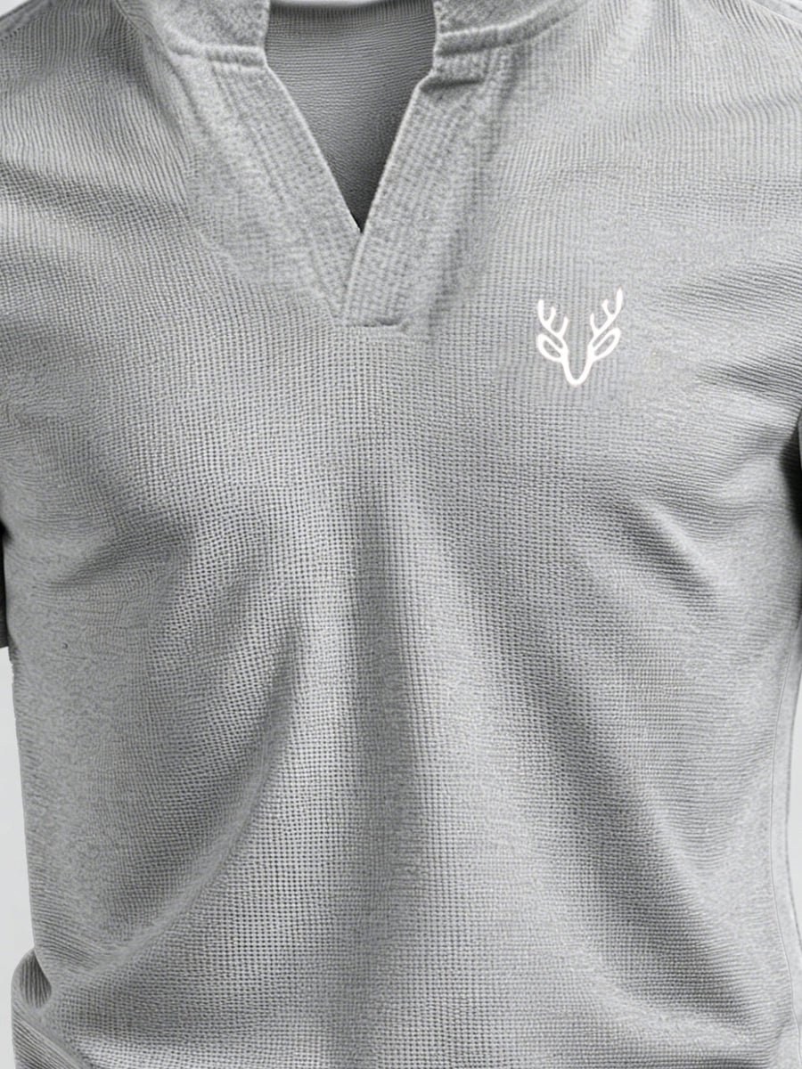 Men's V-neck Short-Sleeve T-shirt with Unique Small Print, Waffle Knit Fabric, Comfortable Men's Half-Sleeve Top - Gray 4