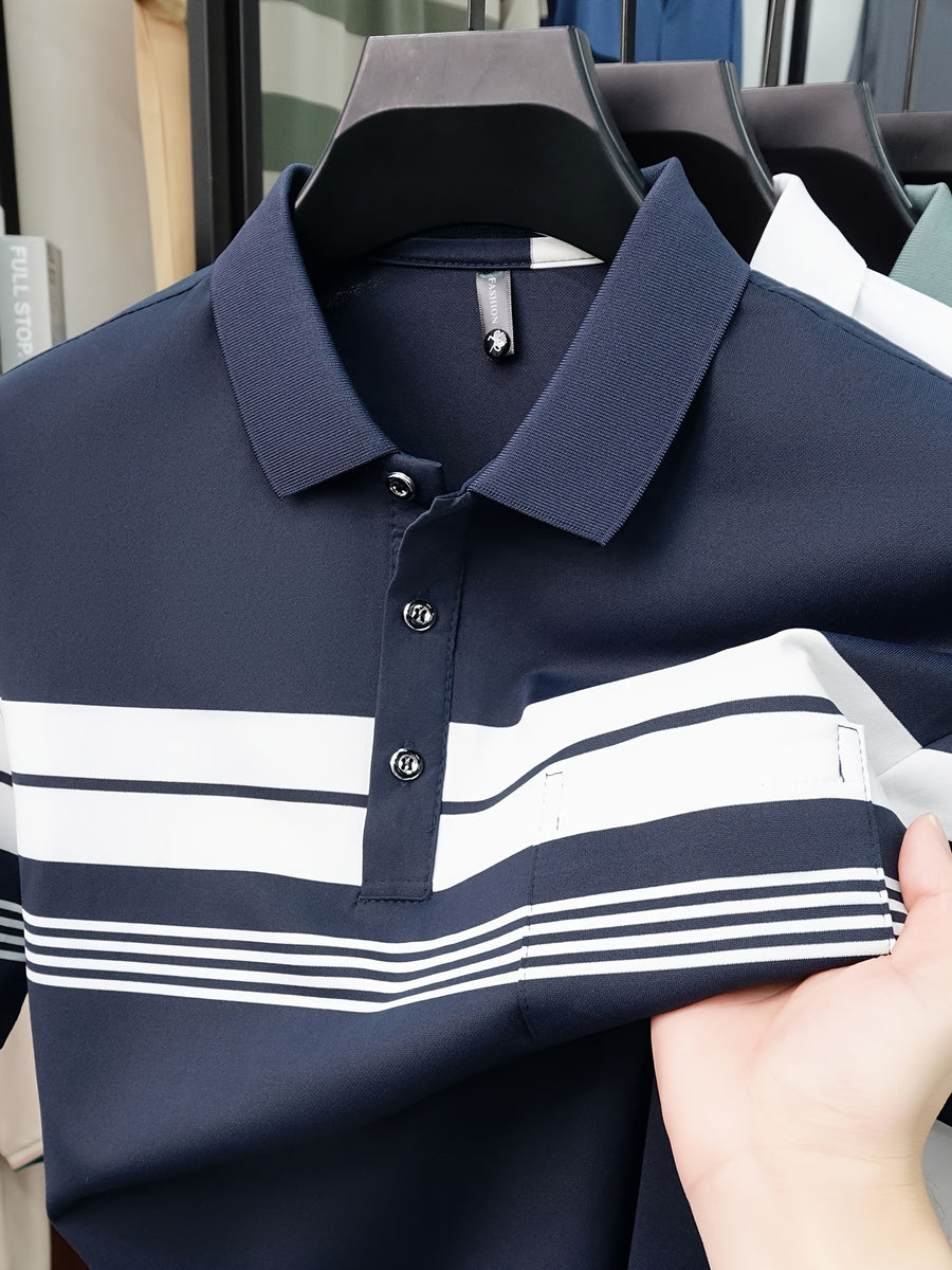 New Summer Men's Short-Sleeve T-Shirt, Wrinkle-Free Striped Loose-Fit Polo Shirt, Stylish and Versatile Casual Dad Fit Thin Shirt 26659 - Navy Color