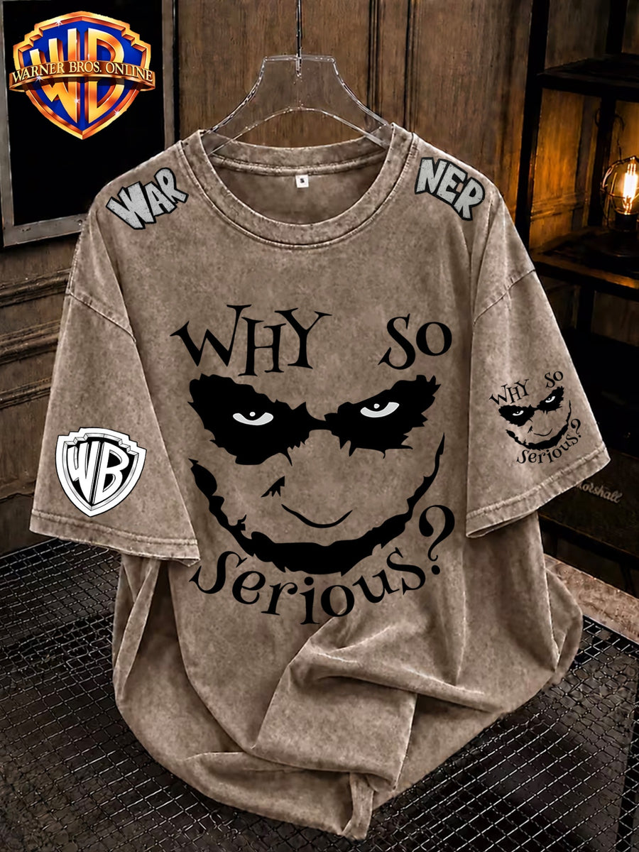 [Warner Bros] 100% Men'S Short Sleeve, Classic Joker "Why So Serious?" Print Design, Fashionable Loose Breathable T-Shirt, Men'S Summer Street Distressed Tee, Trendy Retro T-Shirt for Daily Wear, Men'S Fashionable Individual Print - Coffee Color