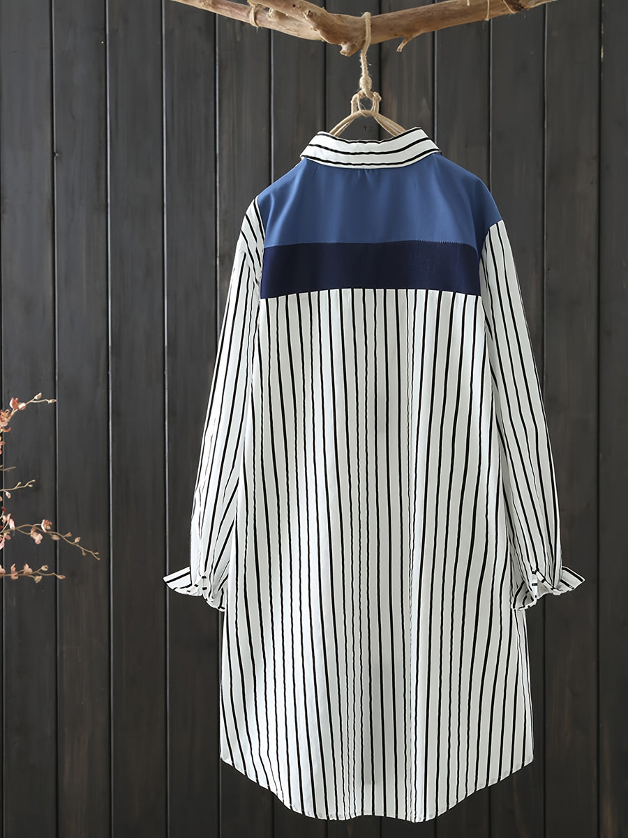 Literary Loose-Fit Asymmetrical Print Midi Shirt - Blue
