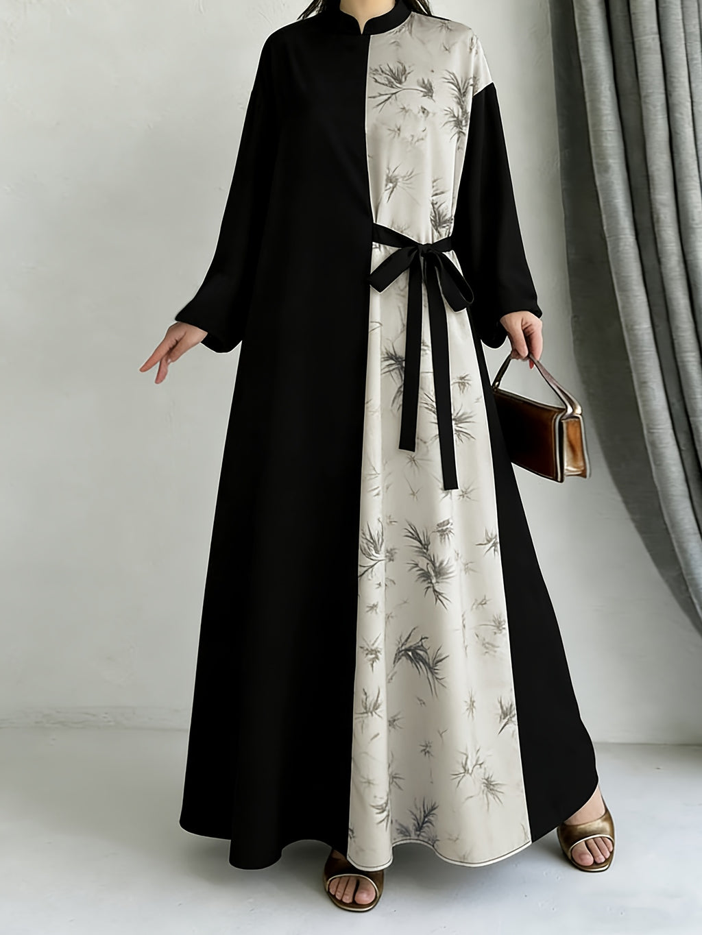 Women' Chinese Collar/Stand Collar Dress - Maxi Dress with Watercolor Print & Elastic-Free Machine-Washable Fabric, Office to Wedding Guest Gown for Spring/Summer (Non-Stretch) - 9A11388-1 - Mixed colors