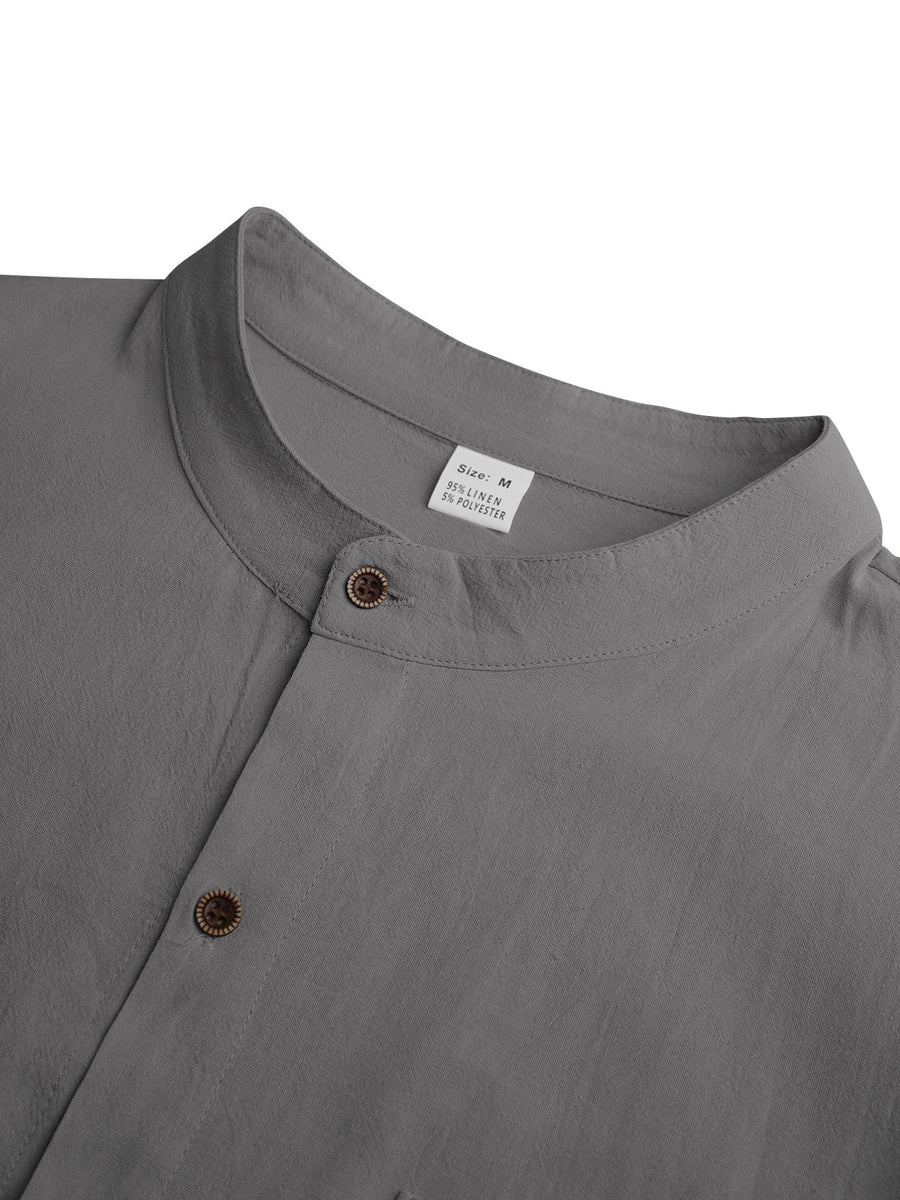 2pcs Men's Linen Fabric Henley Collar Long Sleeve Shirt, Simple Vintage Style, Loose Fit for Spring and Autumn, Multiple Color Options, Suitable for Outdoor Outings, Urban Commuting, and Home Wear, Versatile for Daily Casual and Holiday Occasions - Gray+Green