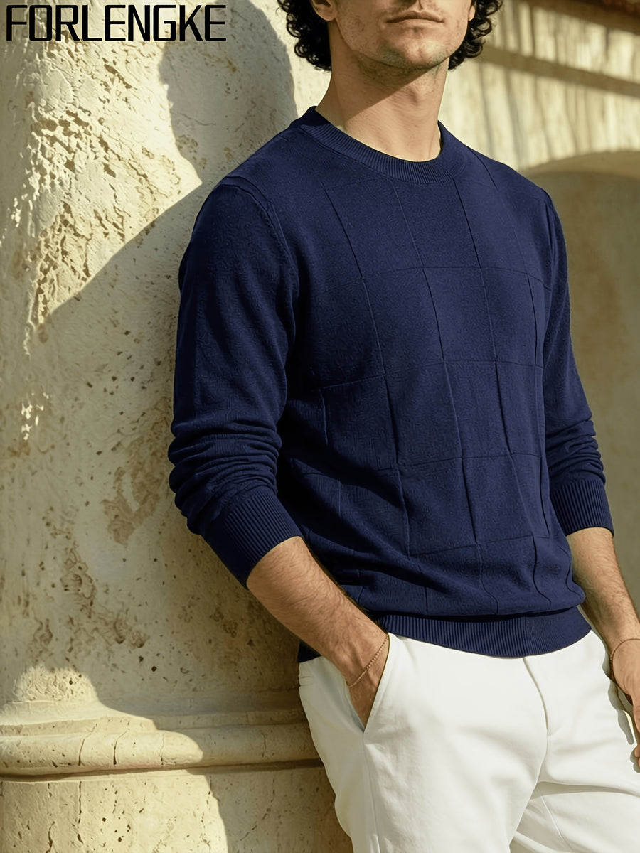 FORLENGKE Men's Casual Commuter-style Checkered Knit Sweater with Checkered Jacquard, Soft and Breathable Knit Fabric, Classic Crew Neck Long-sleeve Pullover Style, Suitable for Various Outfit Occasions, Autumn and Winter Daily Casual Men's Top - Shangqing