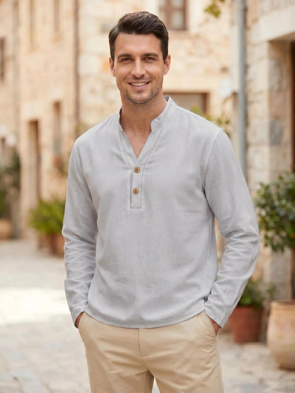 Spring/Autumn Men'S Long Sleeve Polo Shirt, Linen Texture Moisture-Wicking Breathable Sports Casual Henley Shirt, Half-Button Placket Button-Up Solid Color Top - Grey
