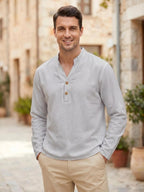 Spring/Autumn Men'S Long Sleeve Polo Shirt, Linen Texture Moisture-Wicking Breathable Sports Casual Henley Shirt, Half-Button Placket Button-Up Solid Color Top - Grey