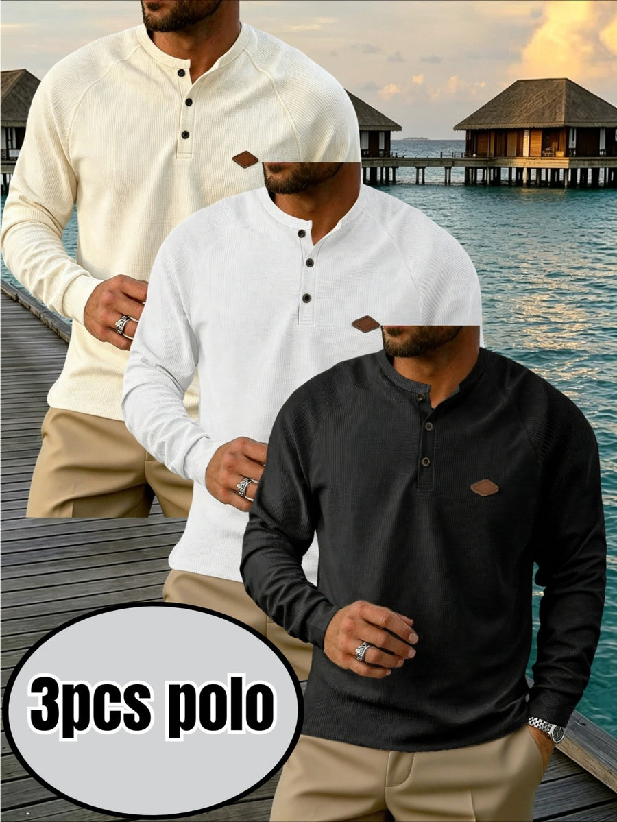Men's 3pcs Raglan Henley Collar Waffle Long Sleeve Shirt, Soft High-Stretch Breathable Textured Polo, for Beach Vacation, Daily Outdoor Wear, Loose Fit, Multi-Color, Street Style, Half-Button Placket - Beige + White + Black