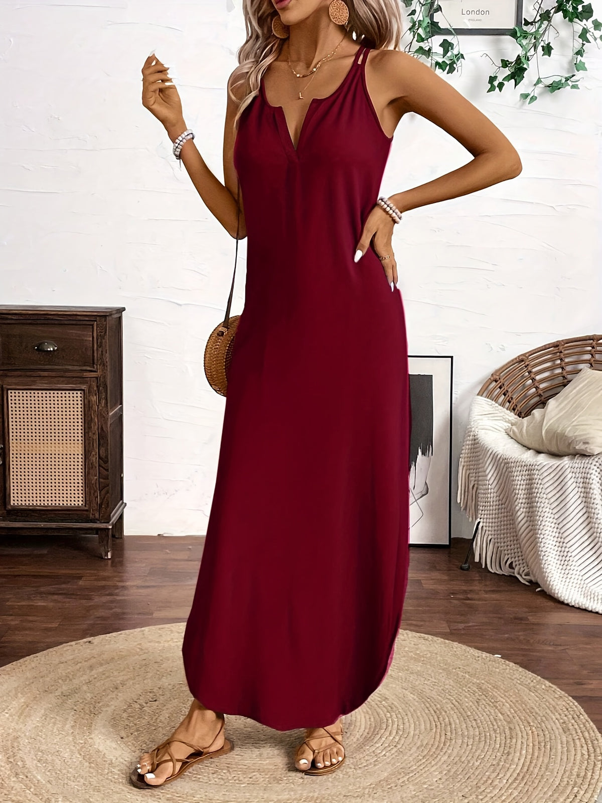 Spring/Summer New Arrival: European and American Fashion Trend Women's Solid Color Notched V-Neck Camisole Dress for Vacation and Leisure - Burgundy