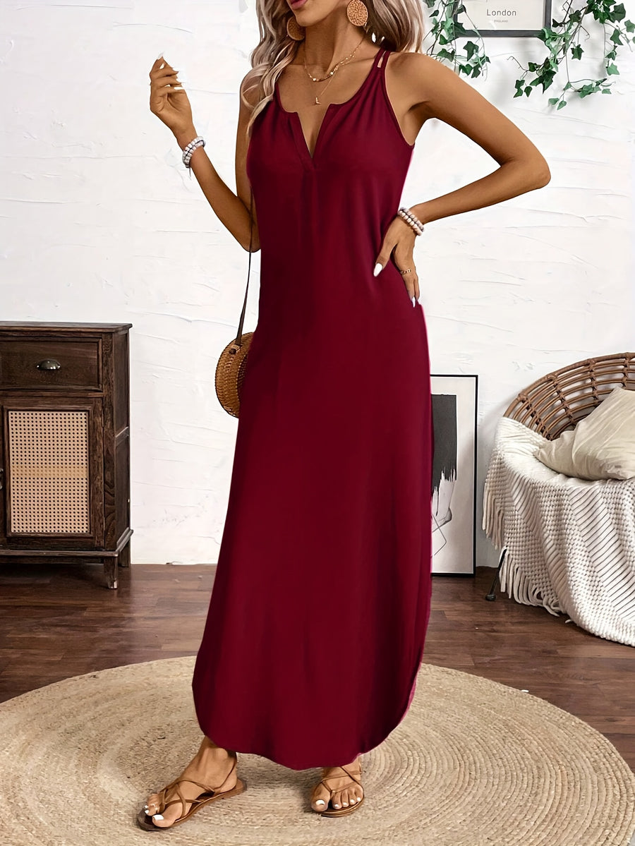 Spring/Summer New Arrival: European and American Fashion Trend Women's Solid Color Notched V-Neck Camisole Dress for Vacation and Leisure - Burgundy