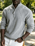 Men's Business Casual Quarter Zip Knit Pullover, Raglan Sleeve Textured Ribbed Trim Slim Fit Sweater for Fall Winter Daily Office & Weekend Outings - Light Grey