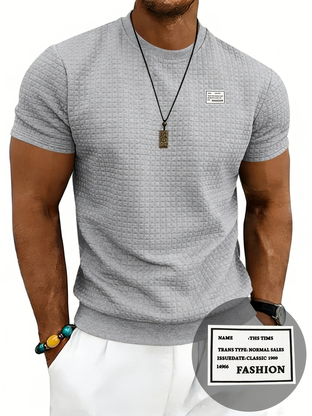 Men'S Waffle Knit T-Shirt, a Short Sleeve Crew Neck Casual Summer Top Featuring Premium Handcrafted Fashion Labeling. Made from Textured, Breathable Fabric with a Soft And Lightweight Feel, Offering a Comfortable Slim-Fit Design - Grey