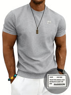 Men'S Waffle Knit T-Shirt, a Short Sleeve Crew Neck Casual Summer Top Featuring Premium Handcrafted Fashion Labeling. Made from Textured, Breathable Fabric with a Soft And Lightweight Feel, Offering a Comfortable Slim-Fit Design - Grey