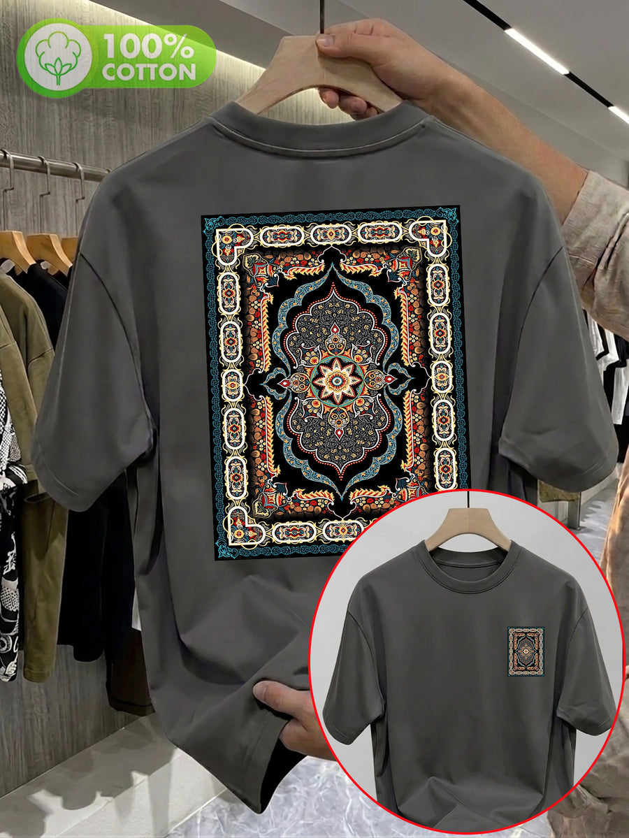 100% Pure Cotton Crew Neck Short Sleeve T-Shirt, Unisex. Features Persian Ethnic Vintage Pattern Print on Both Front and Back, with a Colorful Contrast Vintage Trendy Design. Breathable and Non-Sticky Back. Casual and Versatile - Dark Gray