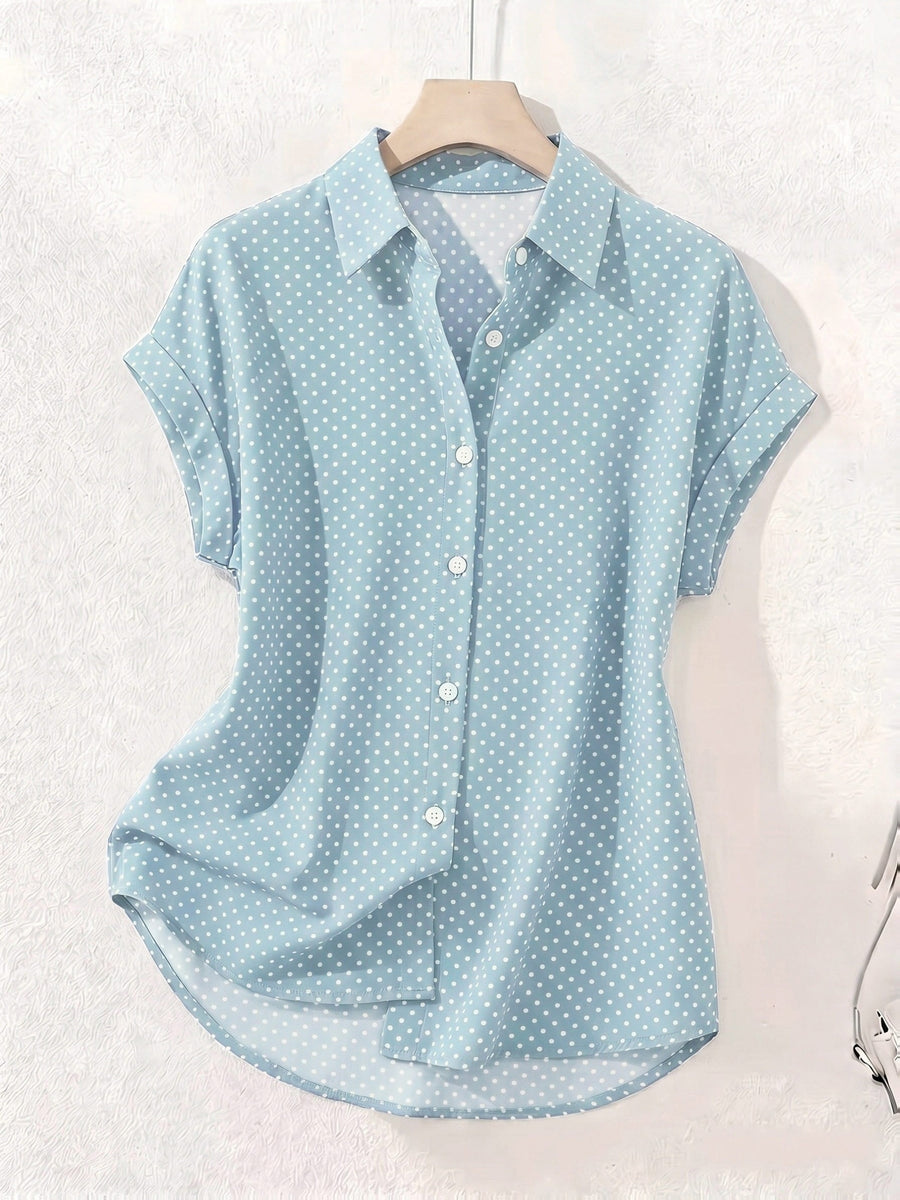 Summer Polka Dot Single-Breasted Short-Sleeve Shirt - Sky Blue