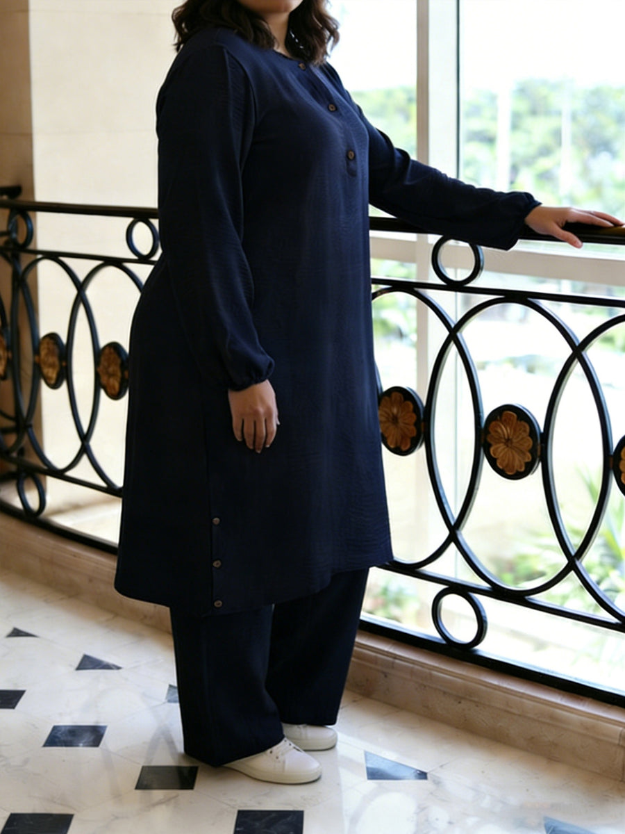 Eid Elegant Muslim 2pcs Jilbab/Abayas Set | Wooden Button Abaya with Wide-Leg PantsDaily Modest Wear - Navy Color