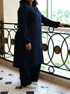 Eid Elegant Muslim 2pcs Jilbab/Abayas Set | Wooden Button Abaya with Wide-Leg PantsDaily Modest Wear - Navy Color