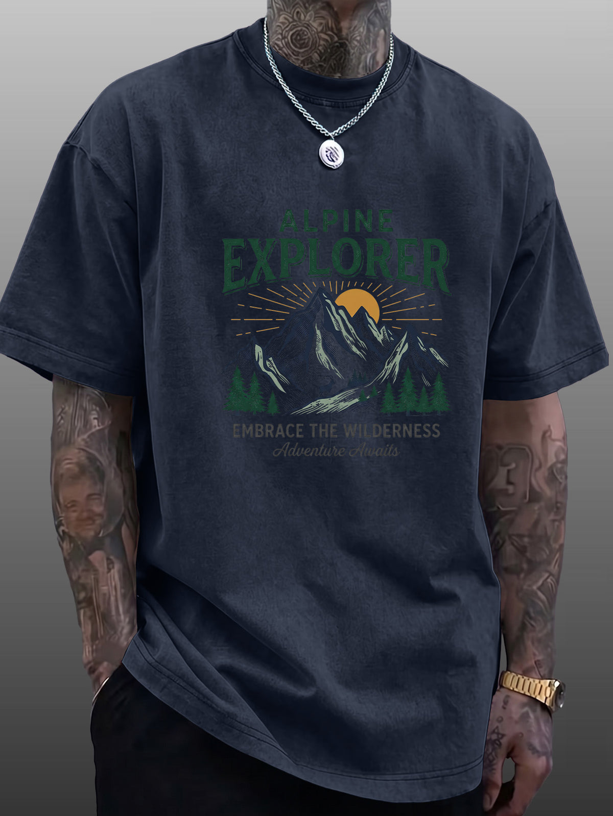 Short Sleeve T-Shirt Men'S Pure Loose Washed Distressed Top Mountain Adventure Forest Sunset Pattern Trendy Reversible Double-Sided Print Multicolor Casual American Street High Street Hip-Hop Style Daily Outing Commute Fitness Couple Style Y2K Natio - Navy Color