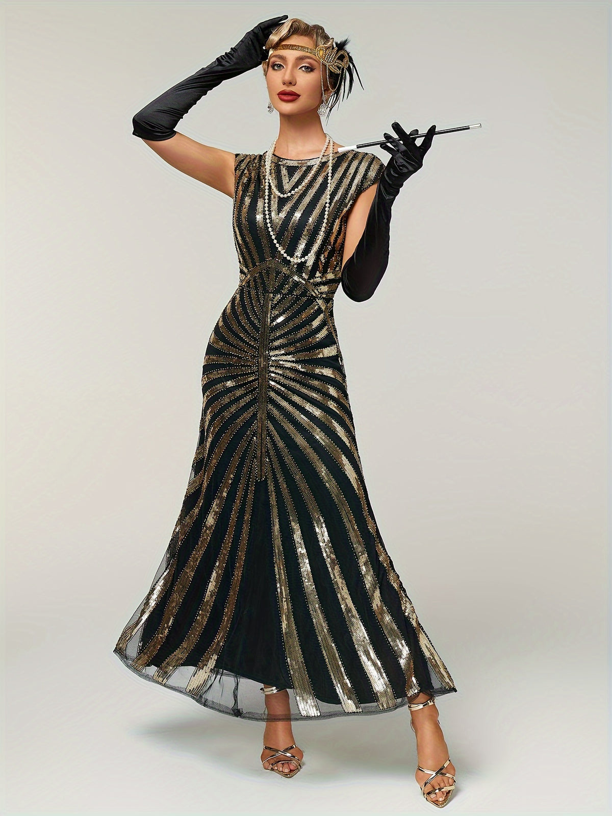 1920 Vintage Sequin Gatsby Ball Fringe Short Sleeve Dress, Party Banquet Dance Dress with Beaded Sequins, Toast Gown, In Stock - Black Golden