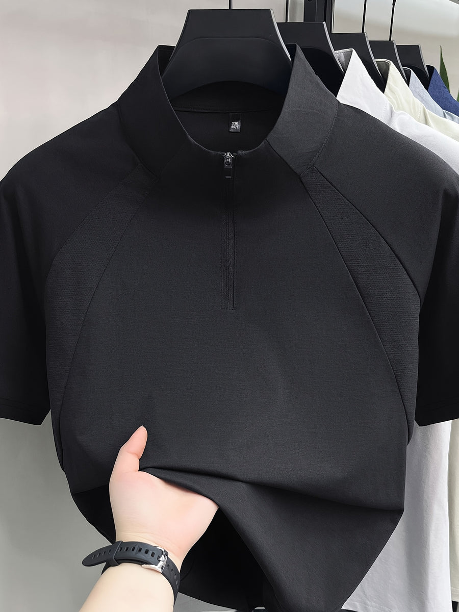 Men's Half-Zip Henley Polo Shirt Short-Sleeve T-Shirt - Summer Zip-Front Collar, Asymmetric Hem & Patchwork Suitable for Outdoor Sports, Casual Wear, Work, Machine Washable Solid Color Stand Collar Shirt - Black