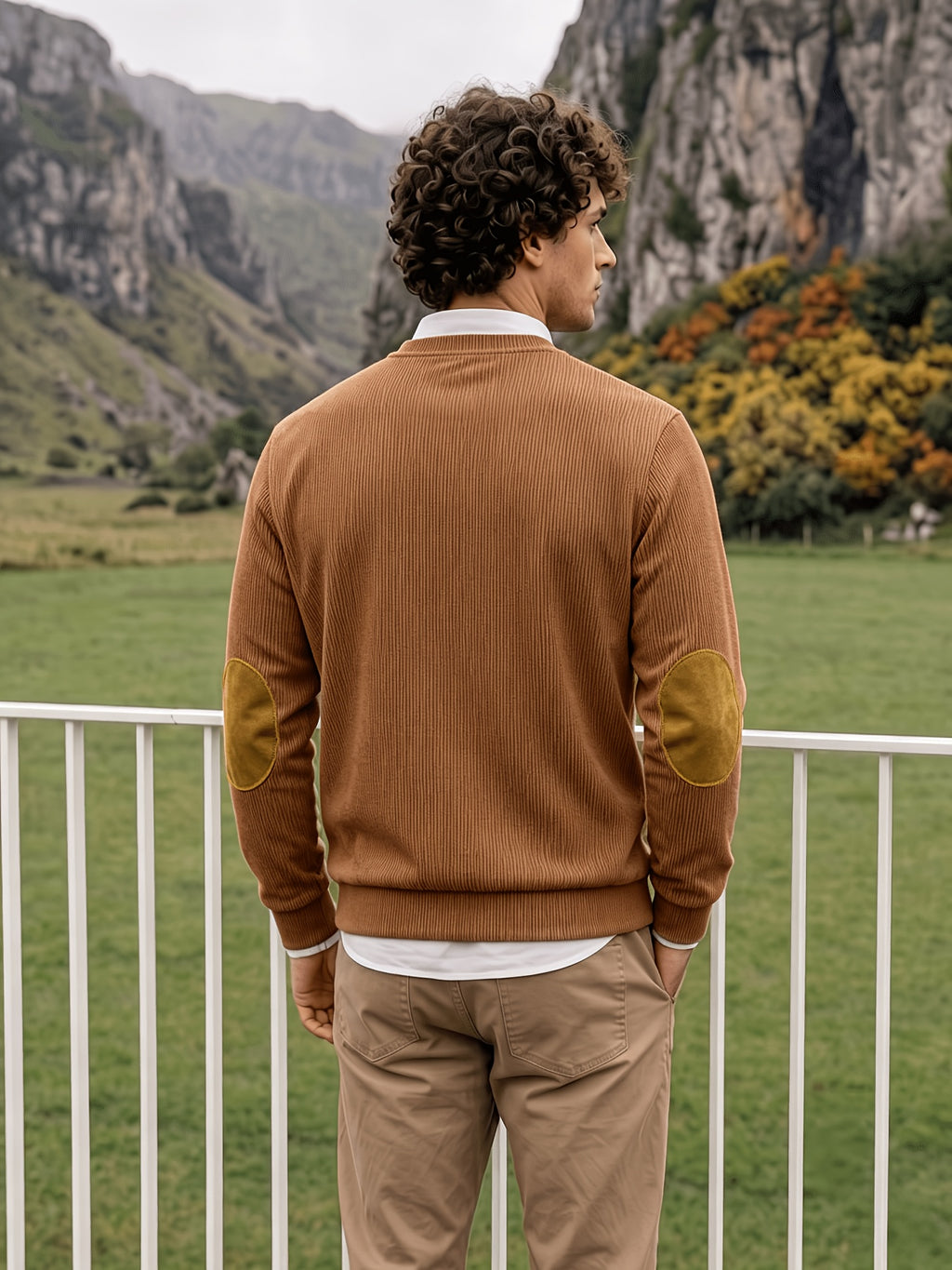 Men'S Corduroy Long-Sleeve Crew-Neck Pullover Leisure Work Outdoor Daily Wear Faux Collar Elbow Patches Design Loose Regular Fit Suitable for Spring, Autumn, And Winter Four Seasons Solid Color Minimalist Tone - Caramel Brown