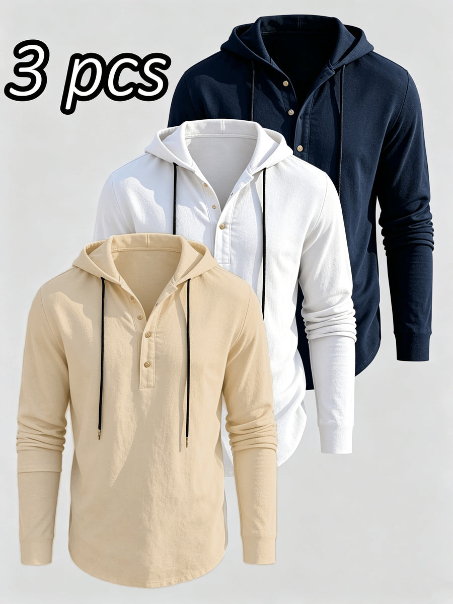 Men's 3pcs Set: Henley Collar Hooded Long-Sleeve T-Shirt, Half-Button Drawstring Hoodie, Casual Loose-Fit Long-Sleeve Pullover for Everyday Versatility - White+navy+khaki