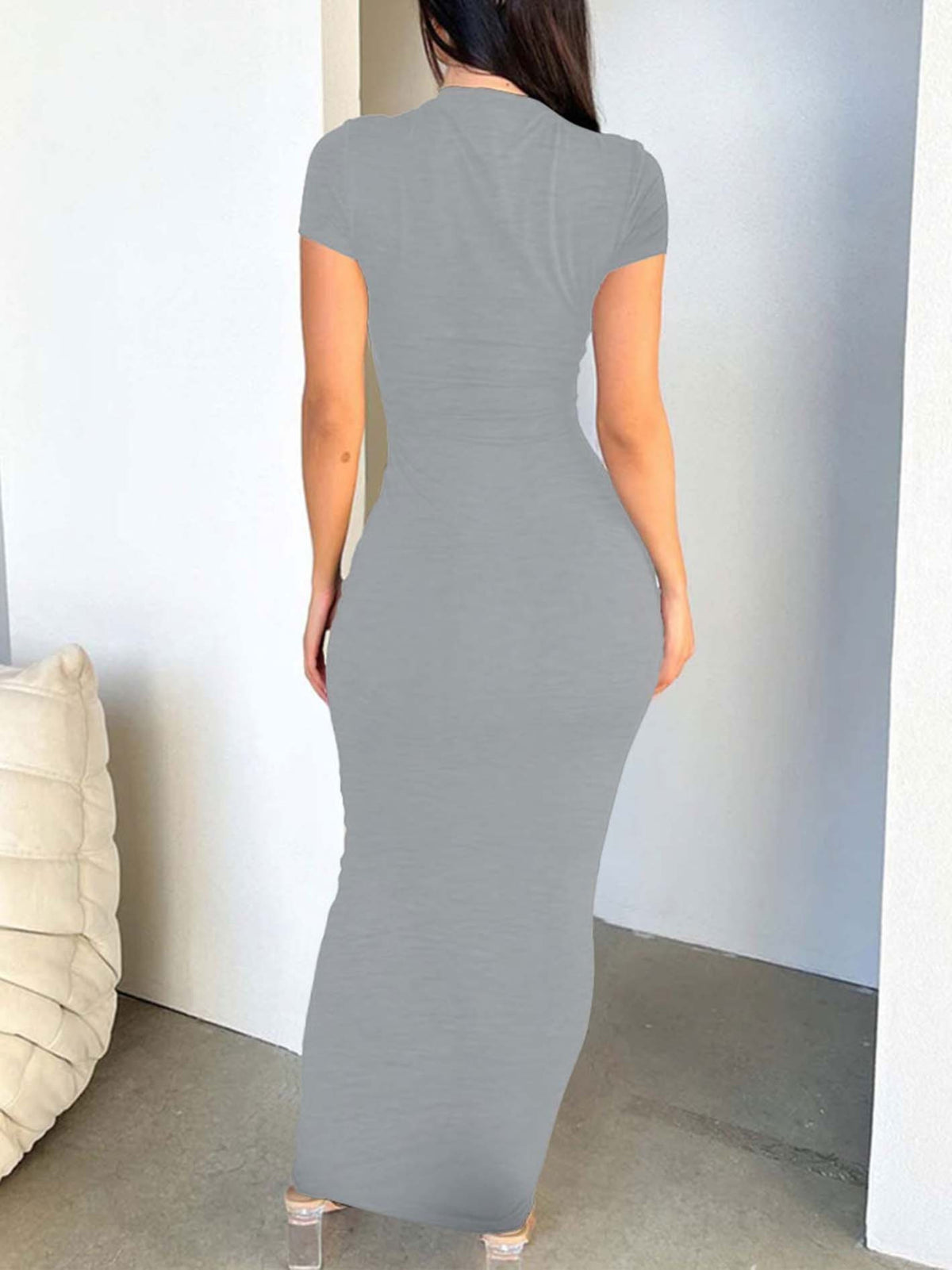Simple Pattern Printed Dress, Elegant Round Neck Short Sleeve Dress, Suitable for Spring and Summer Seasons, Women's Clothing Dress - Grey